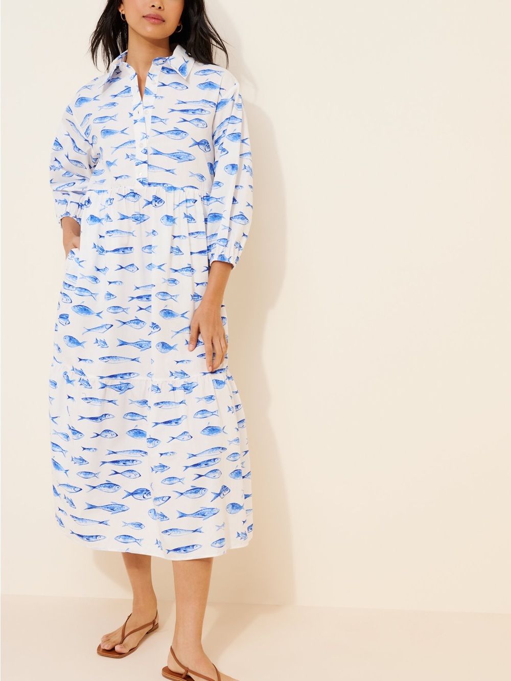 Anthropologie Maeve blue and white fish print Bettina dress midi dress tiered